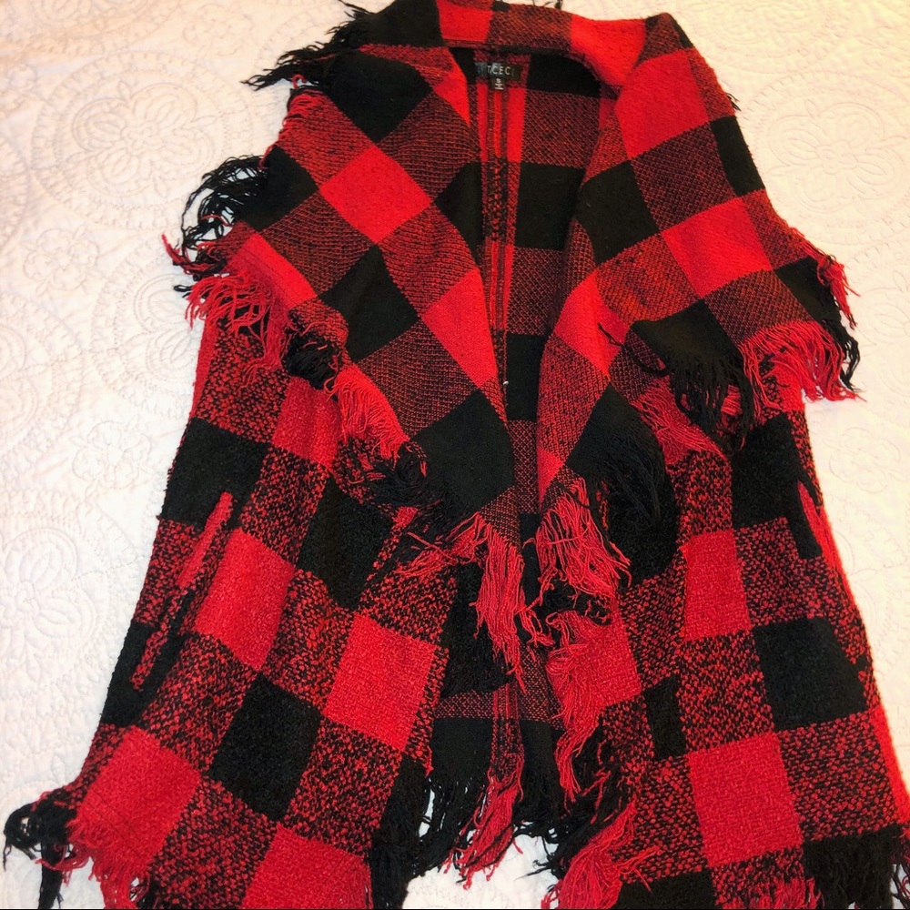 Red and Black Buffalo Plaid Fringe Vest
